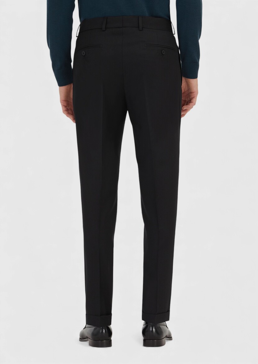 Siyah Dokuma Regular Fit Casual %100 Yün Pantolon - 4
