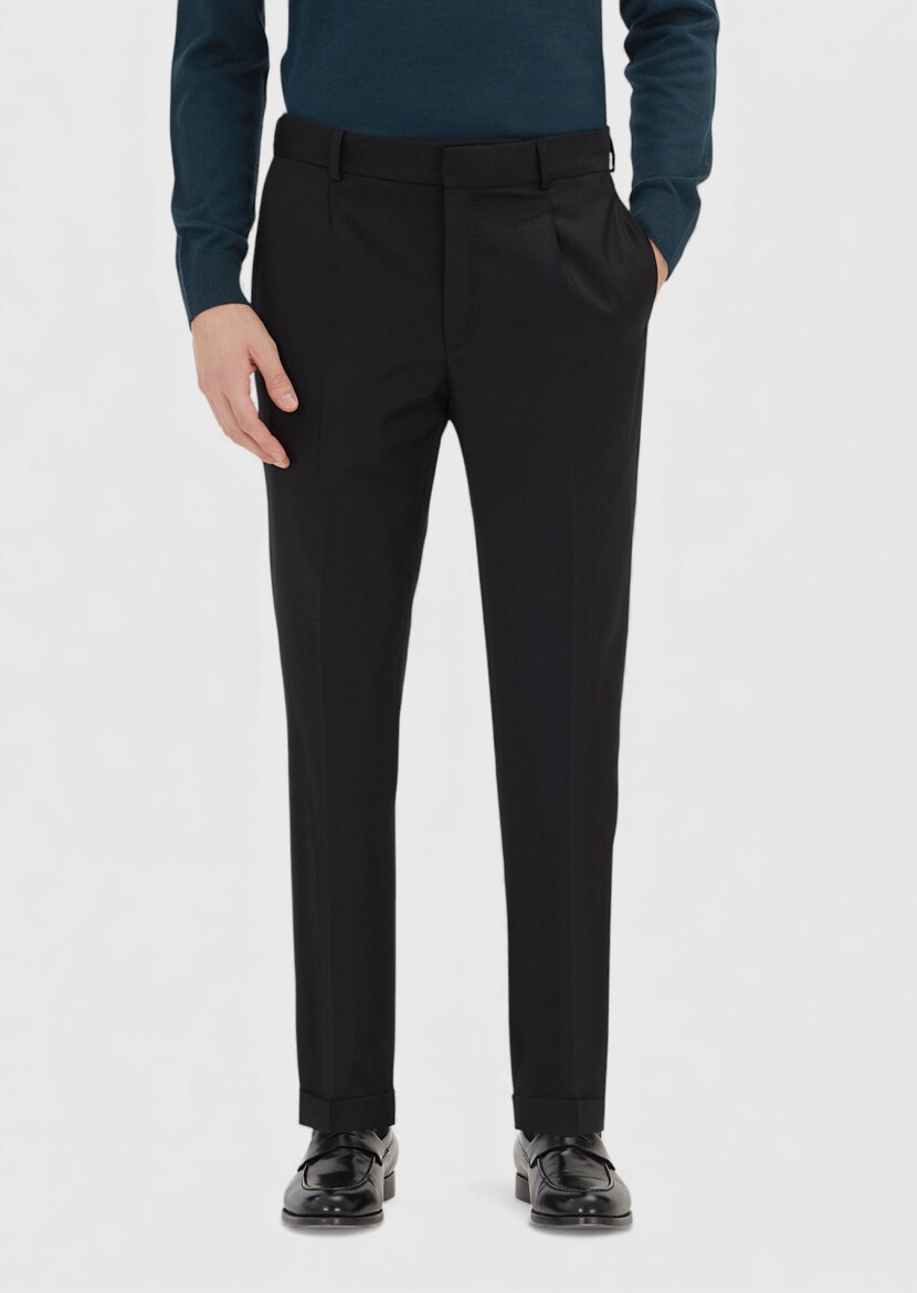 Siyah Dokuma Regular Fit Casual %100 Yün Pantolon - 2