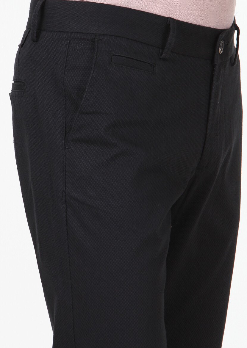 Siyah Dokuma Regular Fit Casual Pamuk Karışımlı Pantolon - 3