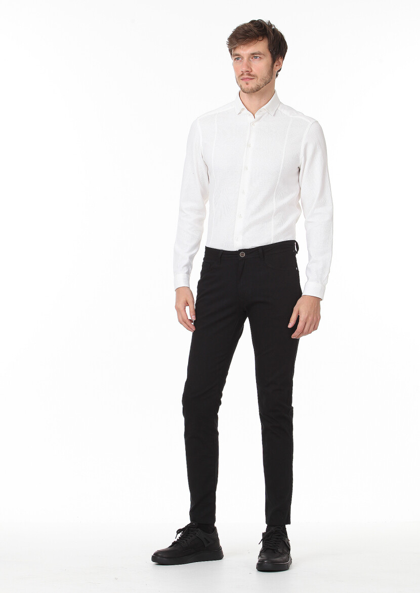 Siyah Dokuma Slim Fit Casual Pamuk Karışımlı Pantolon - 1