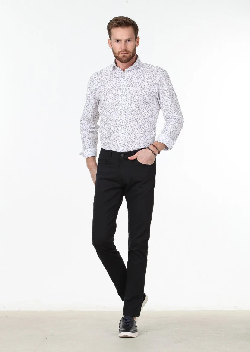 Siyah Dokuma Slim Fit Casual Pamuk Karışımlı Pantolon 