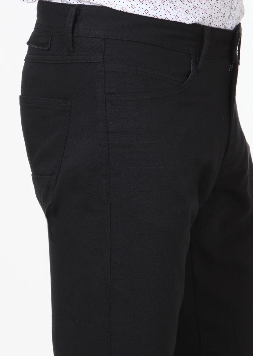 Siyah Dokuma Slim Fit Casual Pamuk Karışımlı Pantolon - 3