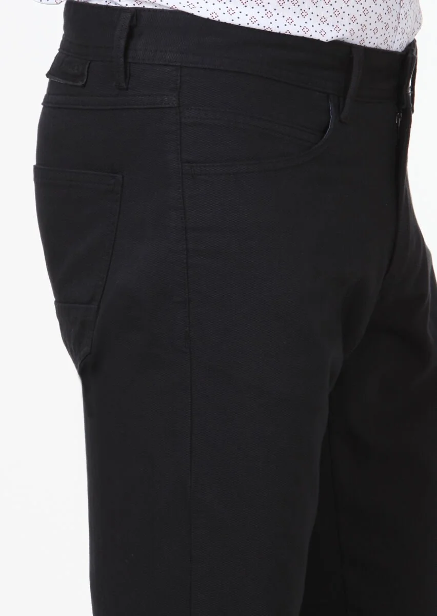 Siyah Dokuma Slim Fit Casual Pamuk Karışımlı Pantolon - 3