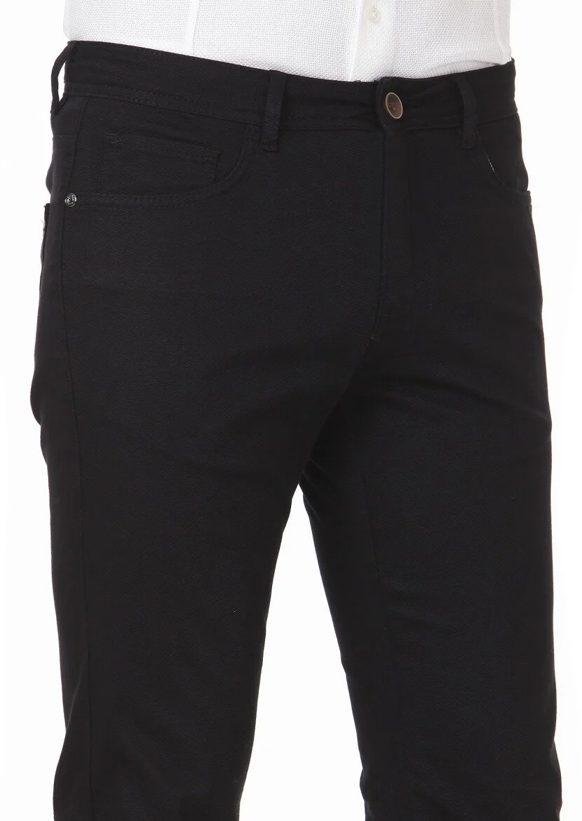 Siyah Dokuma Slim Fit Casual Pamuk Karışımlı Pantolon - 3