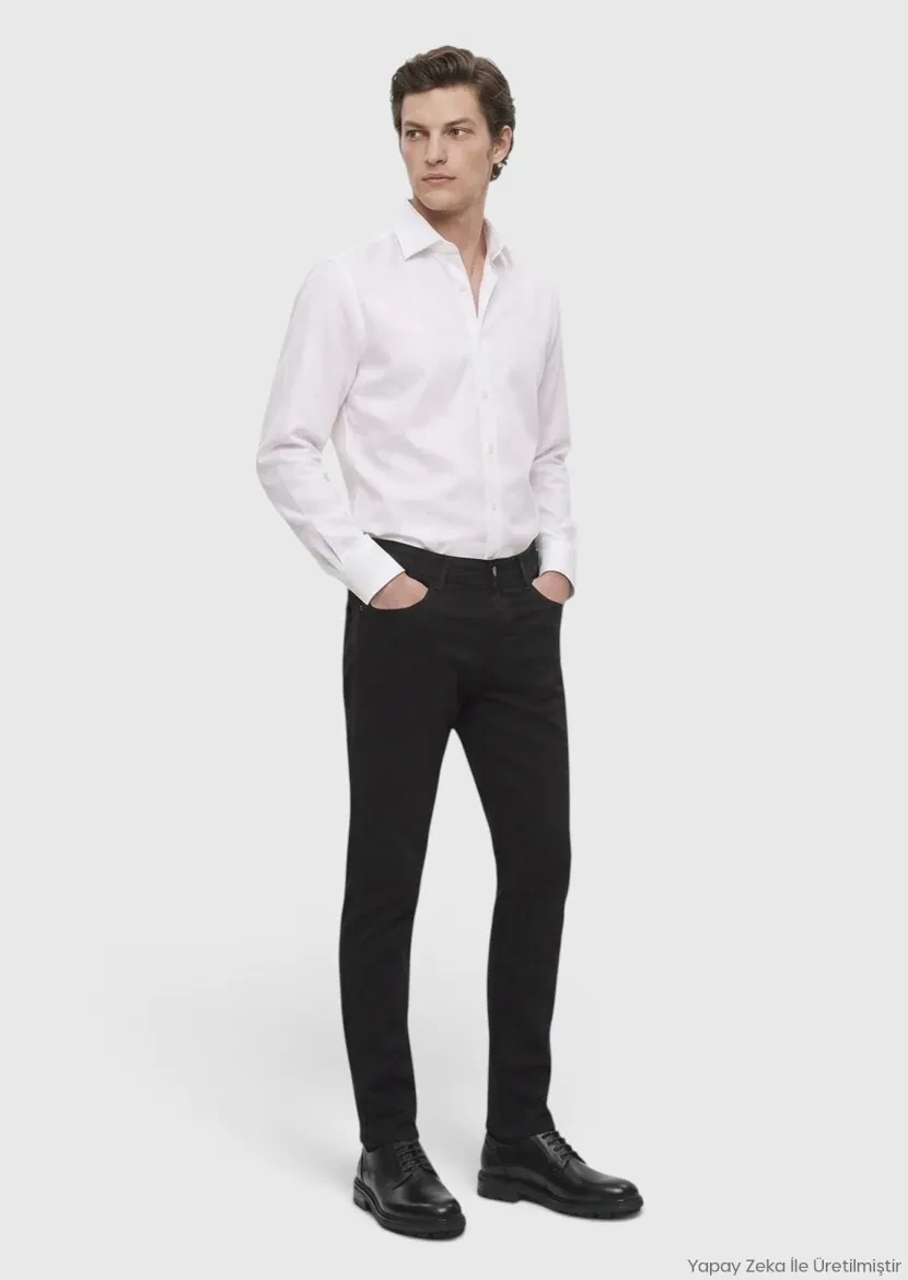 Siyah Dokuma Slim Fit Casual Pamuk Karışımlı Pantolon 