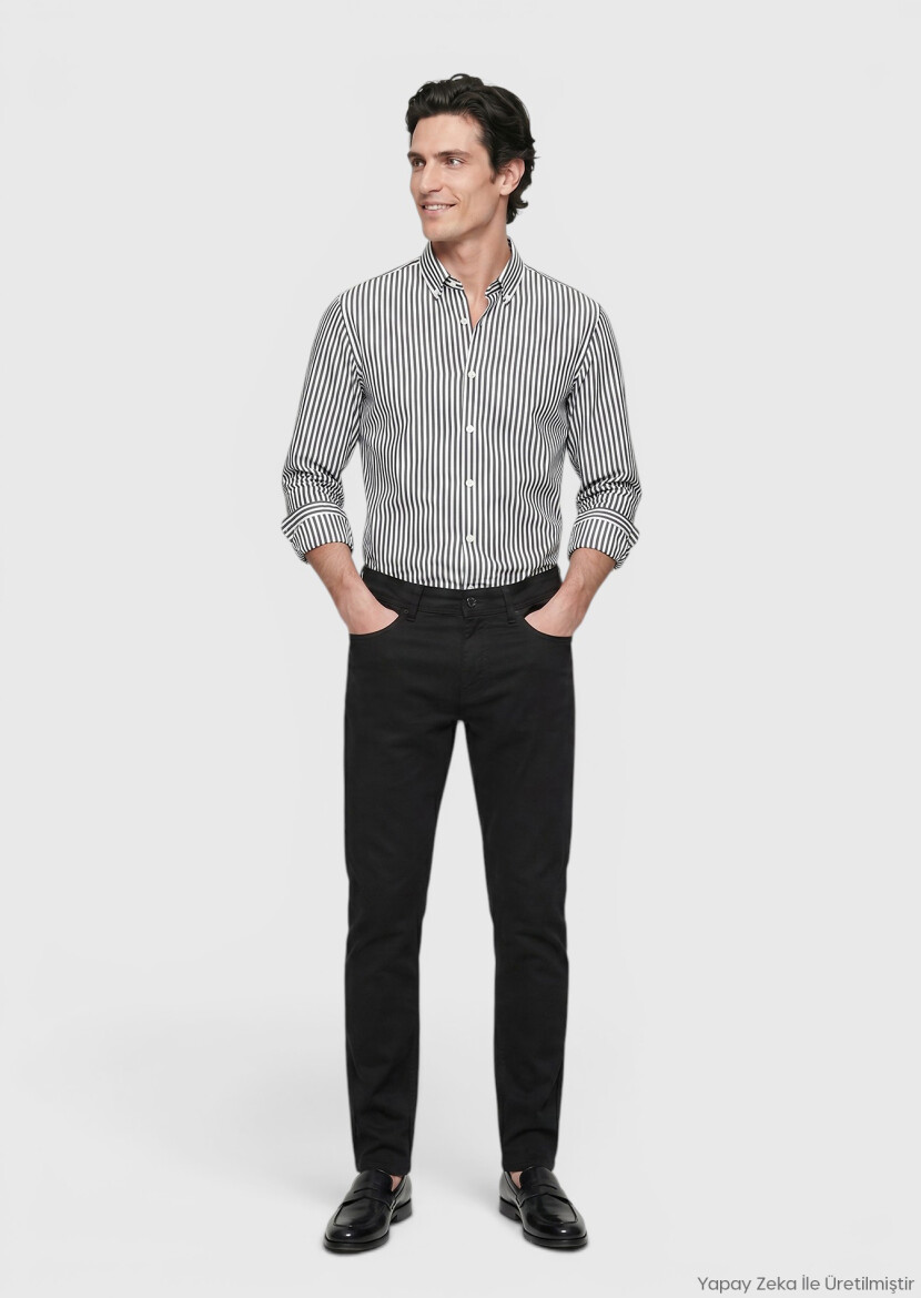 Siyah Dokuma Slim Fit Casual Pamuk Karışımlı Pantolon 