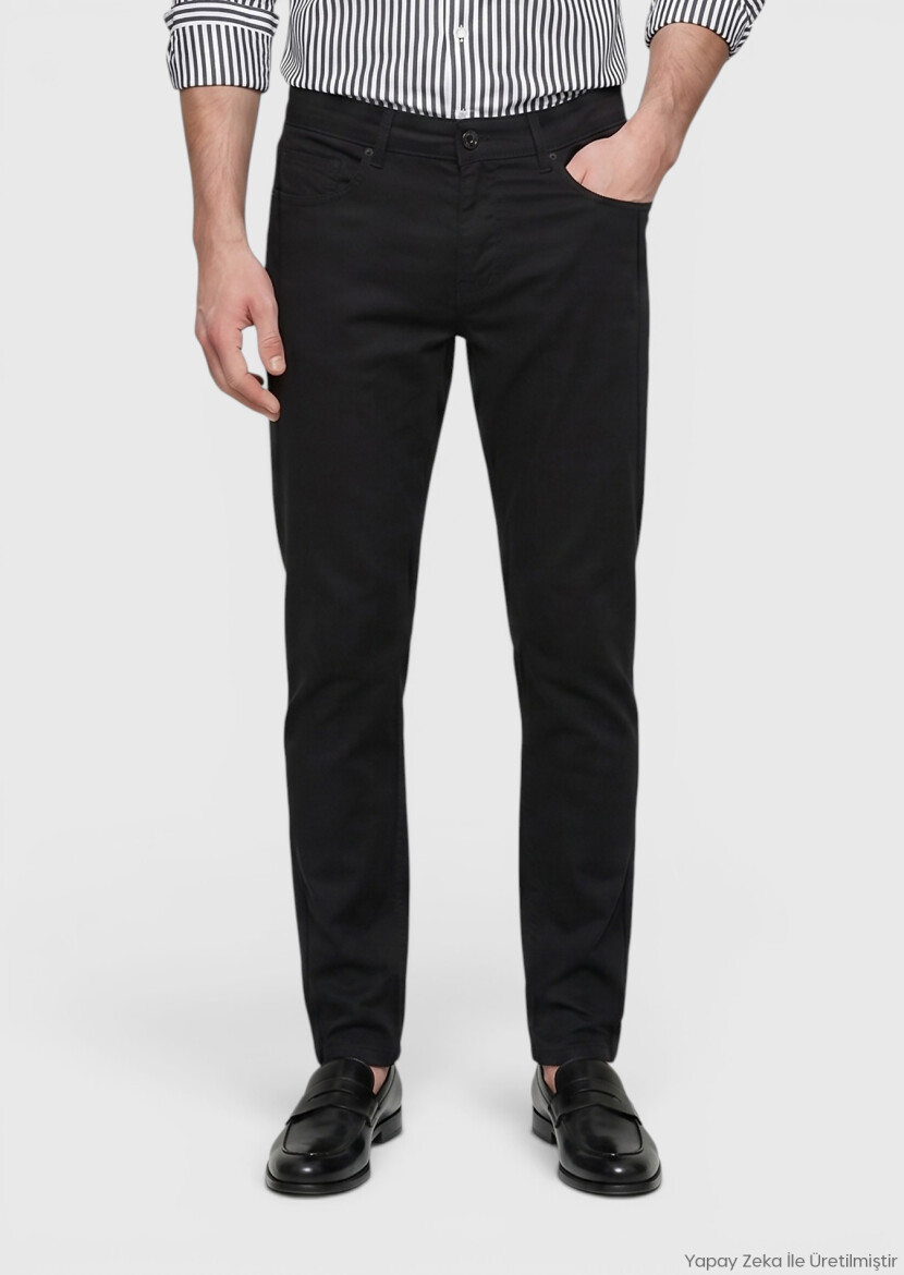 Siyah Dokuma Slim Fit Casual Pamuk Karışımlı Pantolon - RAMSEY