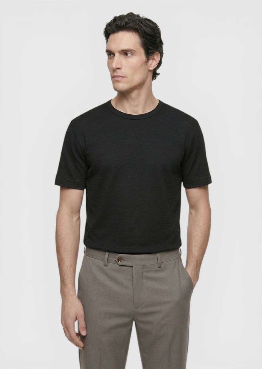 Siyah Düz %100 Keten T-Shirt - 1