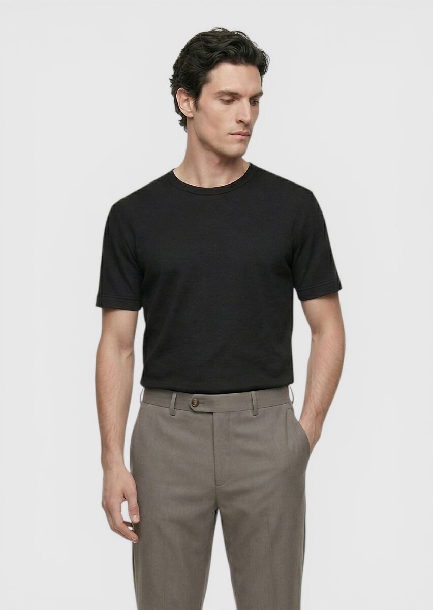 Siyah Düz %100 Keten T-Shirt - 3