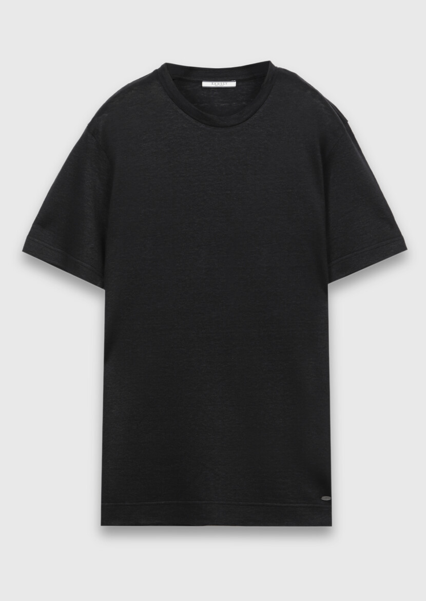 Siyah Düz %100 Keten T-Shirt - 5