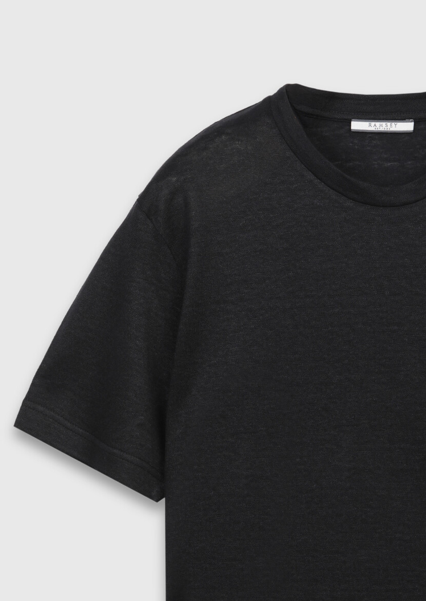 Siyah Düz %100 Keten T-Shirt - 6