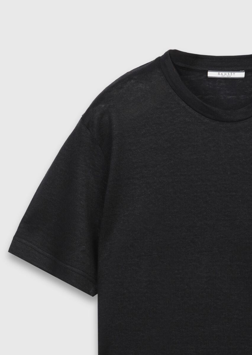 Siyah Düz %100 Keten T-Shirt - 6