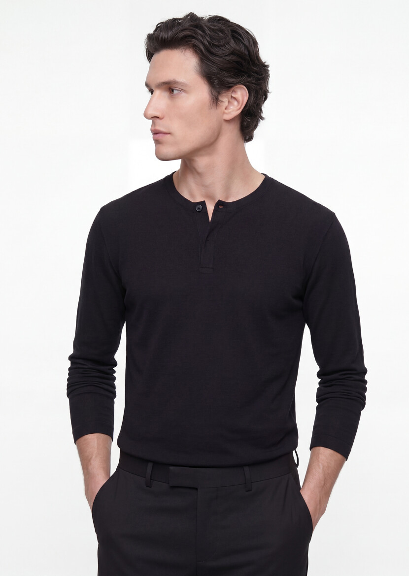 Siyah Düz %100 Pamuk T-Shirt - 3