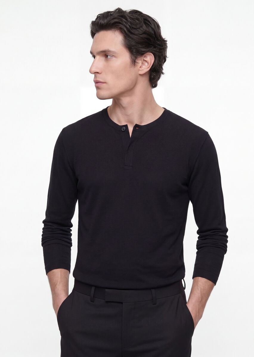 Siyah Düz %100 Pamuk T-Shirt - 3