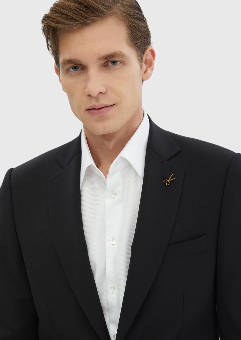 Siyah Düz %100 Yün Takım Elbise - 4