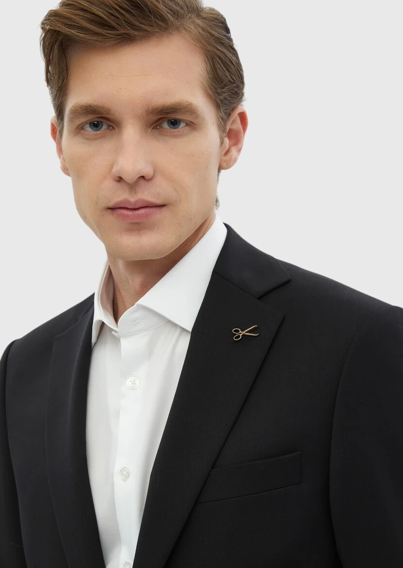 Siyah Düz %100 Yün Takım Elbise - 5