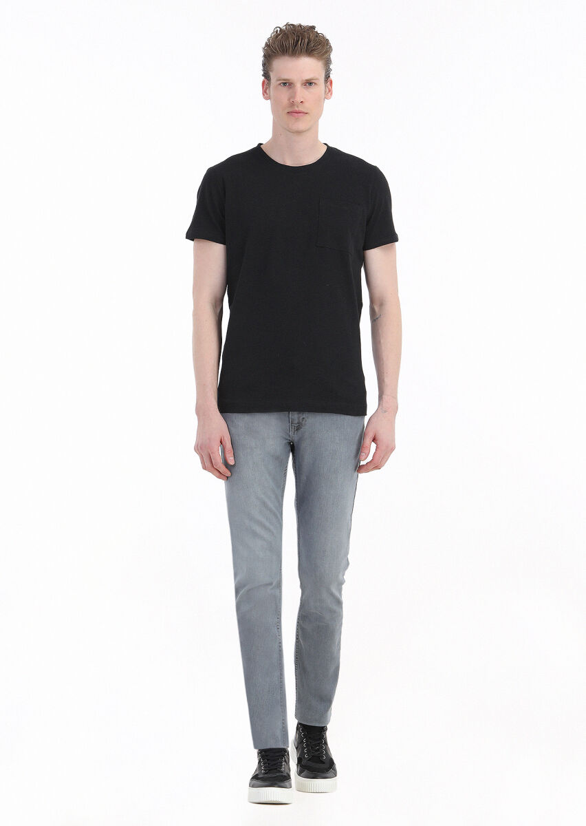 Siyah Düz Bisiklet Yaka %100 Keten T-Shirt - 1