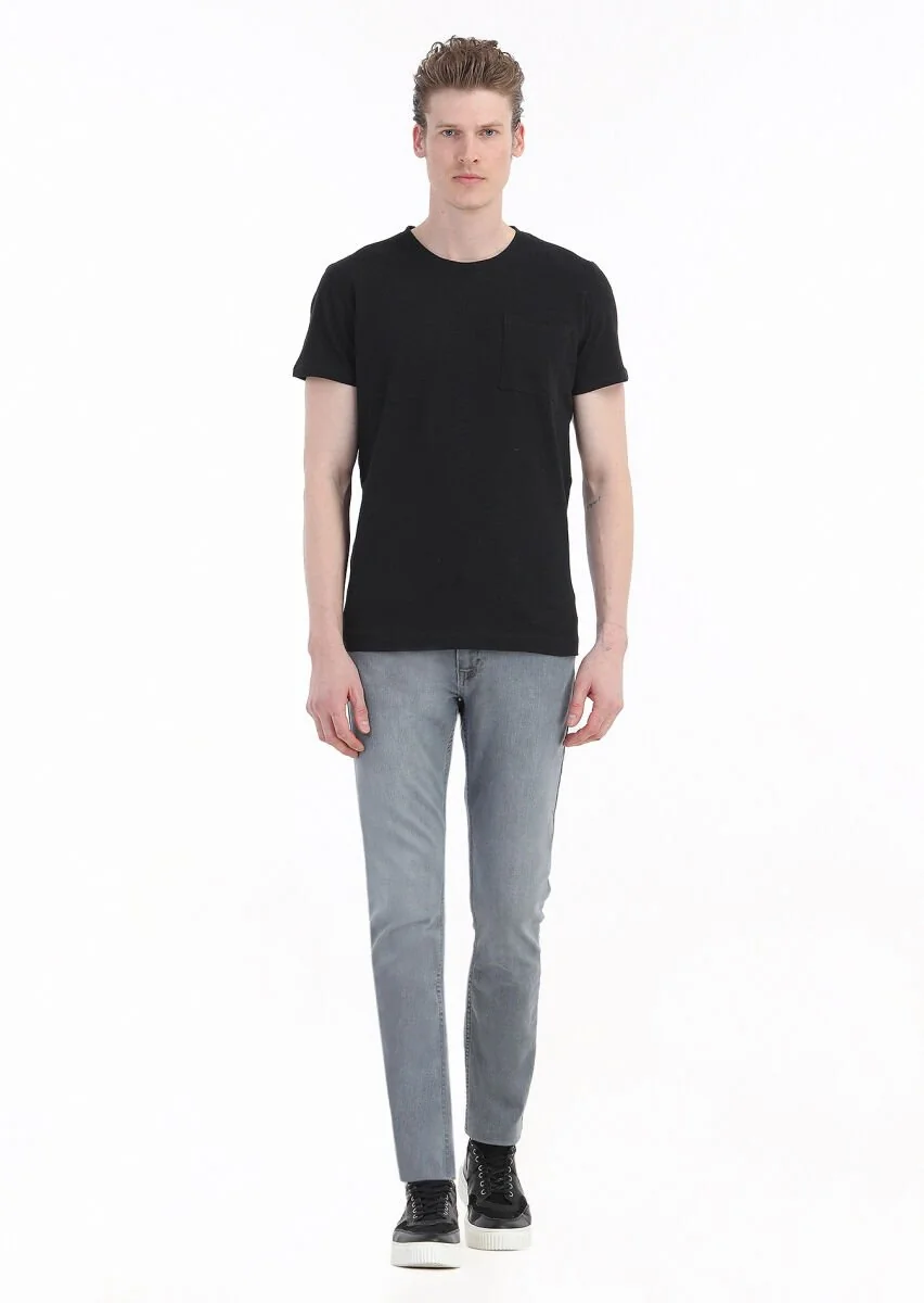 Siyah Düz Bisiklet Yaka %100 Keten T-Shirt - 1