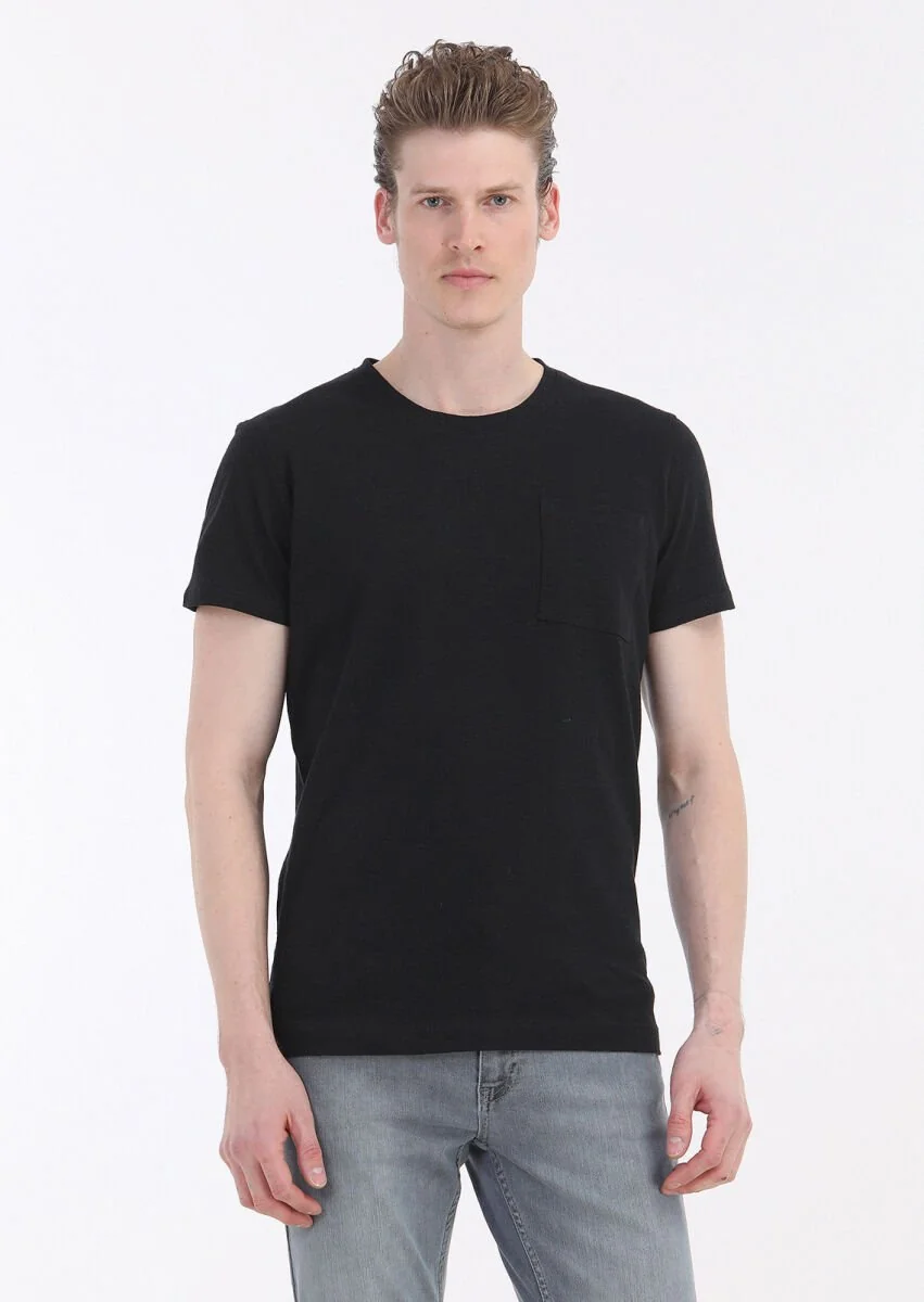 Siyah Düz Bisiklet Yaka %100 Keten T-Shirt - 2