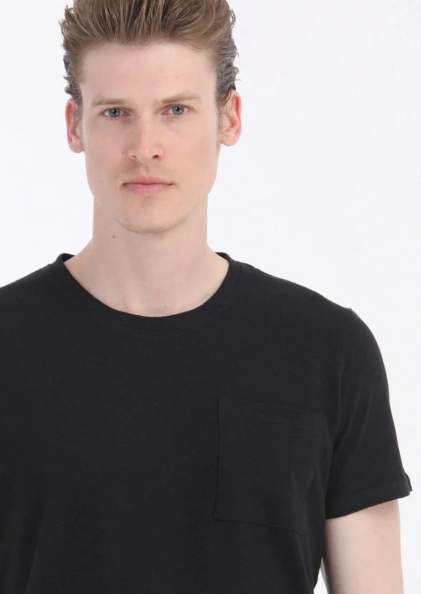 Siyah Düz Bisiklet Yaka %100 Keten T-Shirt - 3