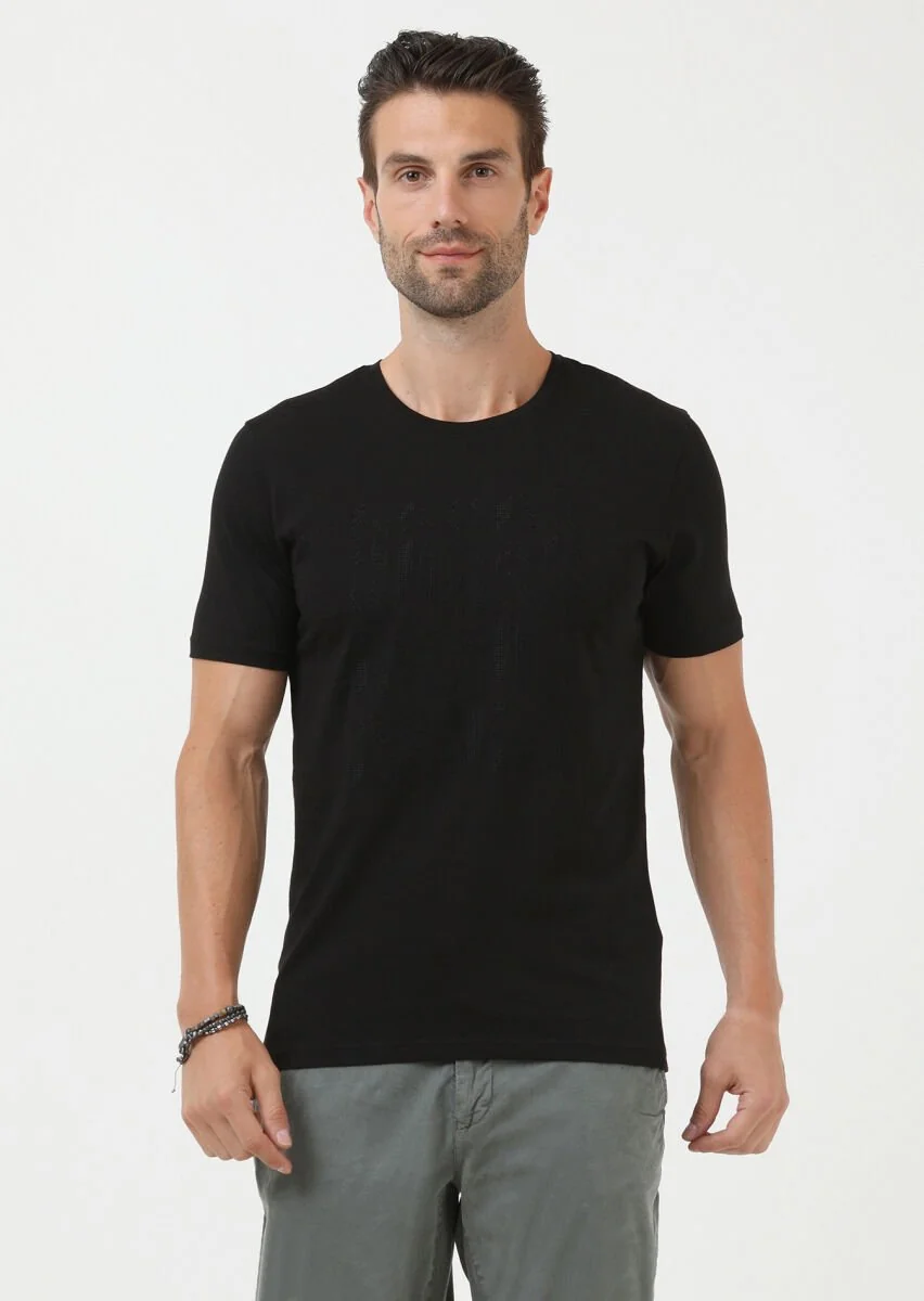 Siyah Düz Bisiklet Yaka %100 Pamuk T-Shirt - 1
