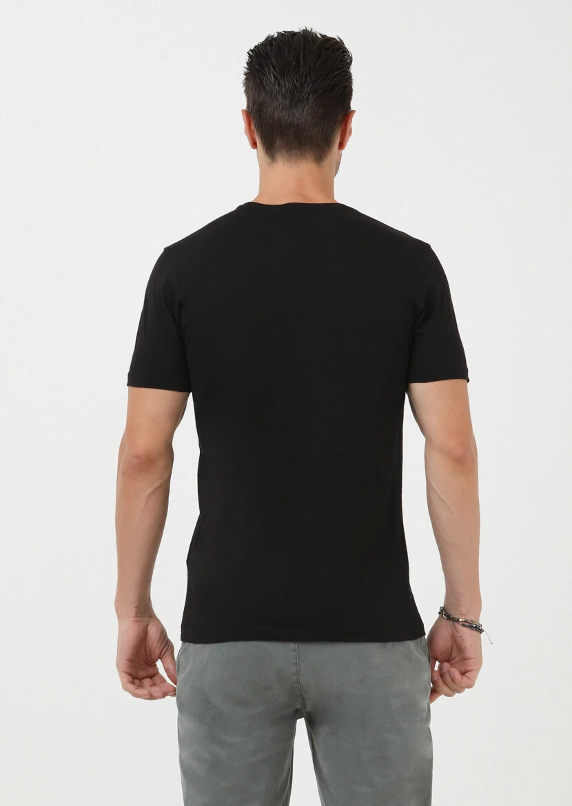 Siyah Düz Bisiklet Yaka %100 Pamuk T-Shirt - 4