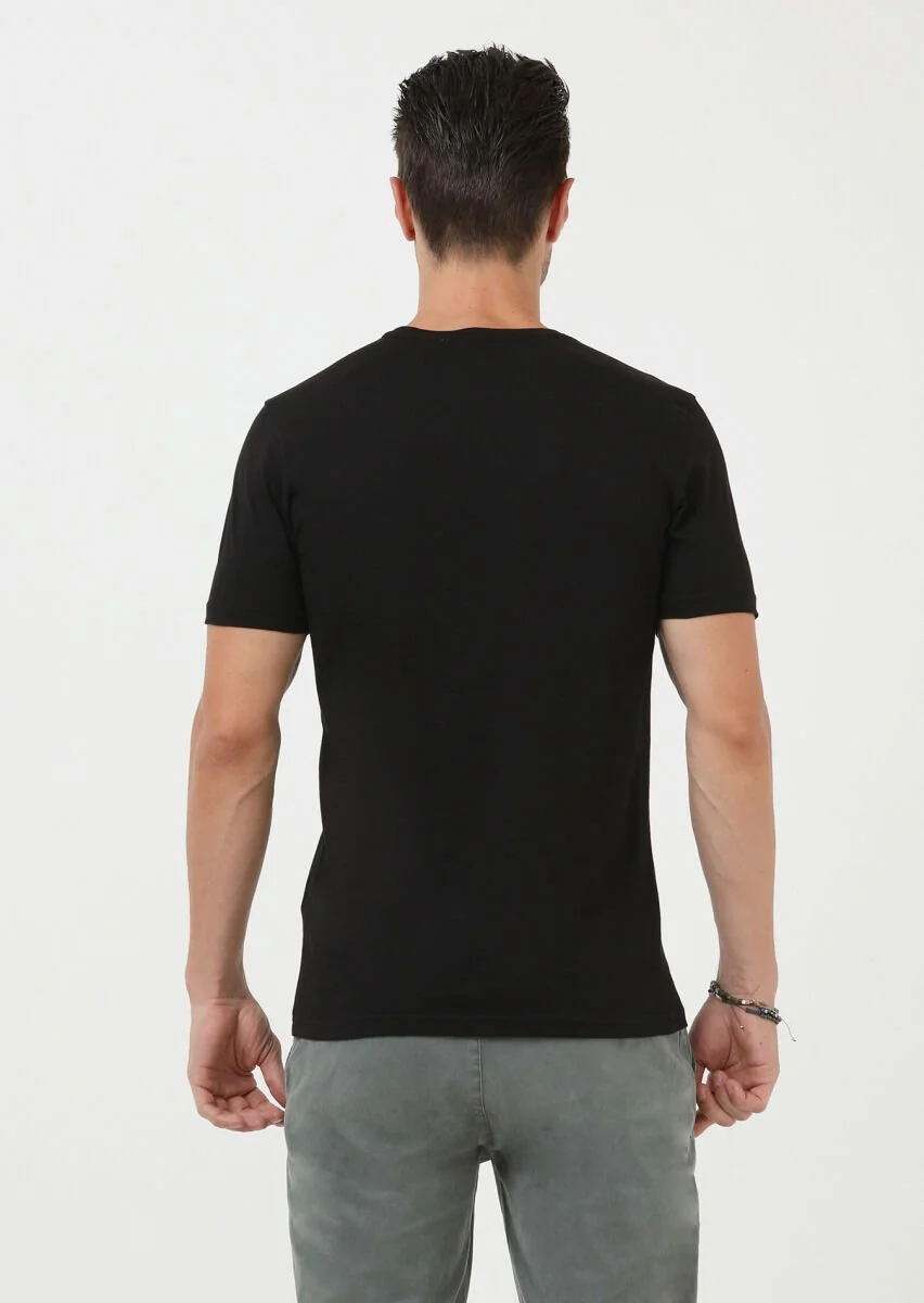 Siyah Düz Bisiklet Yaka %100 Pamuk T-Shirt - 4