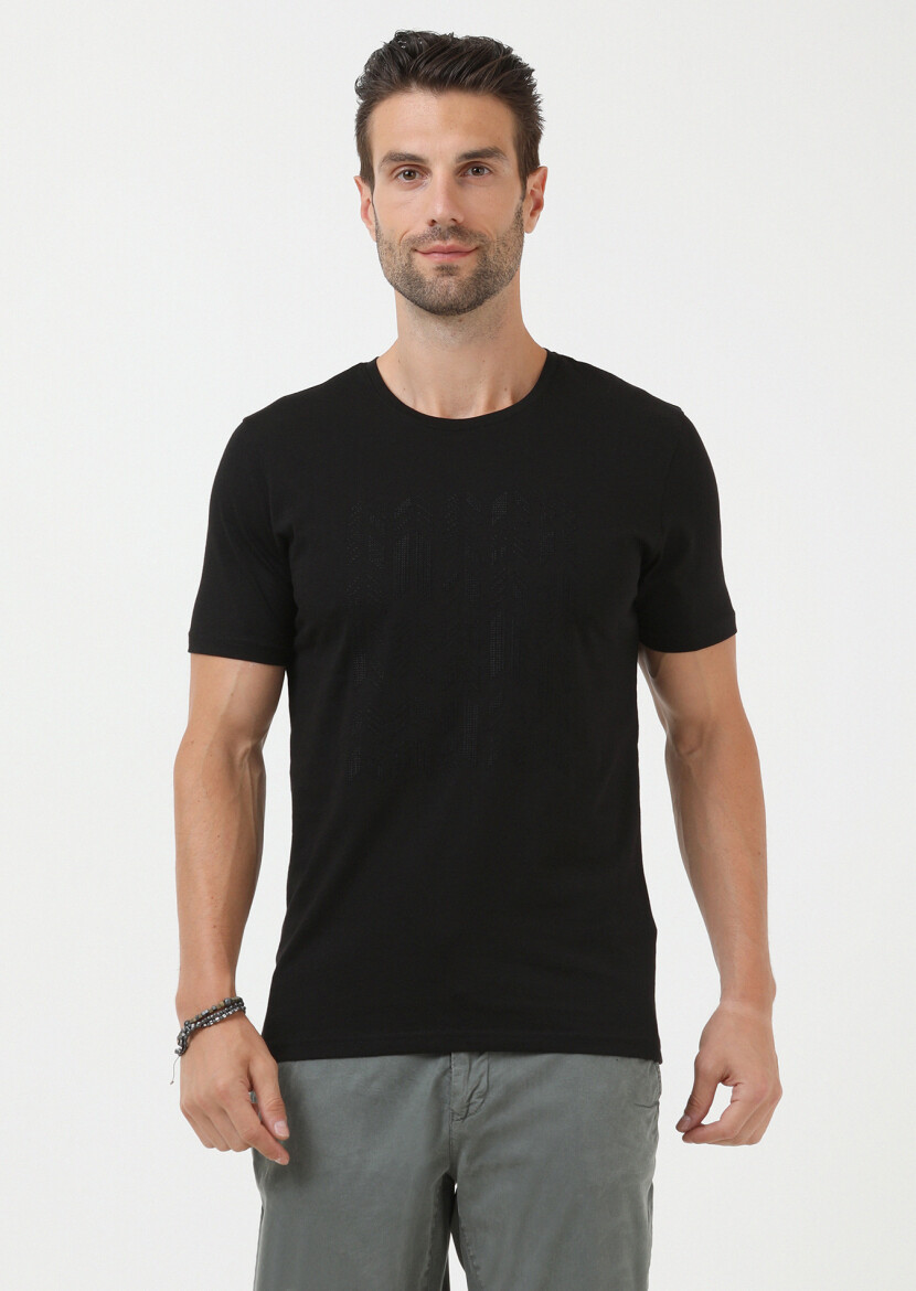 Siyah Düz Bisiklet Yaka %100 Pamuk T-Shirt 