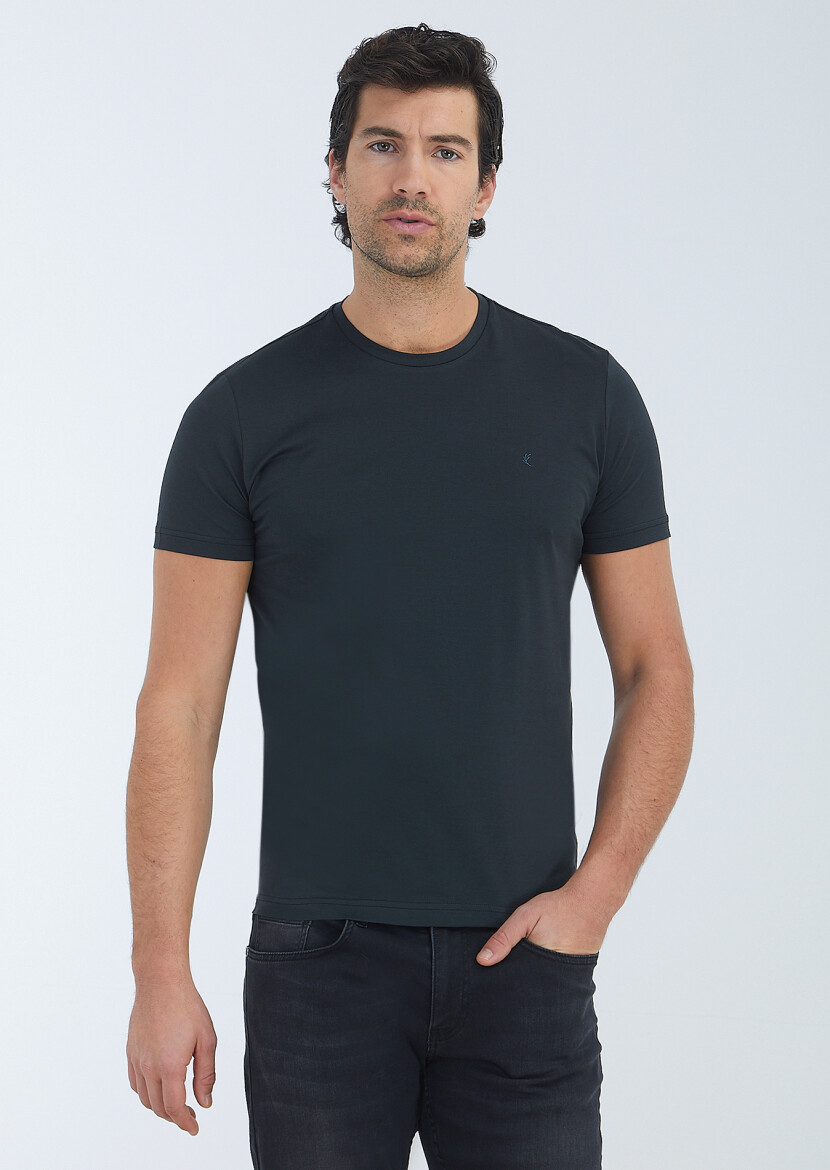 Siyah Düz Bisiklet Yaka %100 Pamuk T-Shirt 