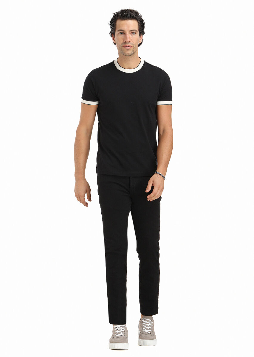Siyah Düz Bisiklet Yaka %100 Pamuk T-Shirt - 1