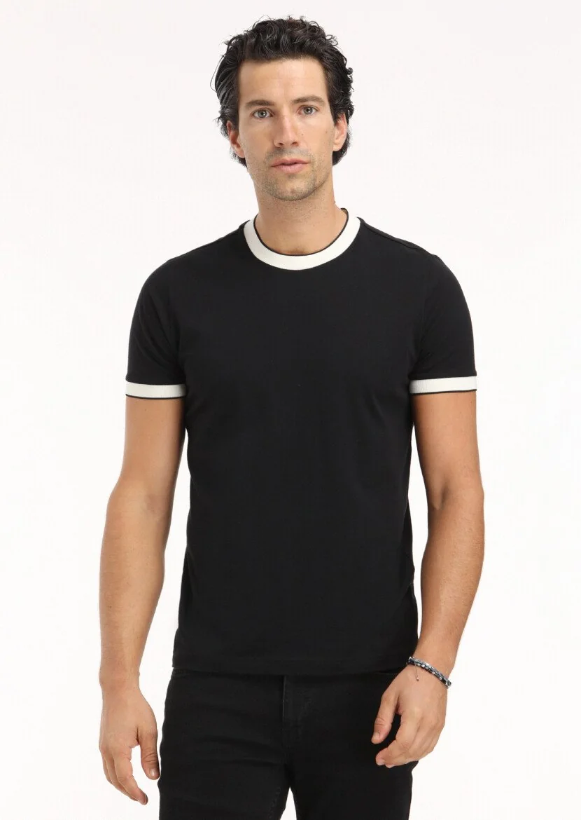 Siyah Düz Bisiklet Yaka %100 Pamuk T-Shirt 