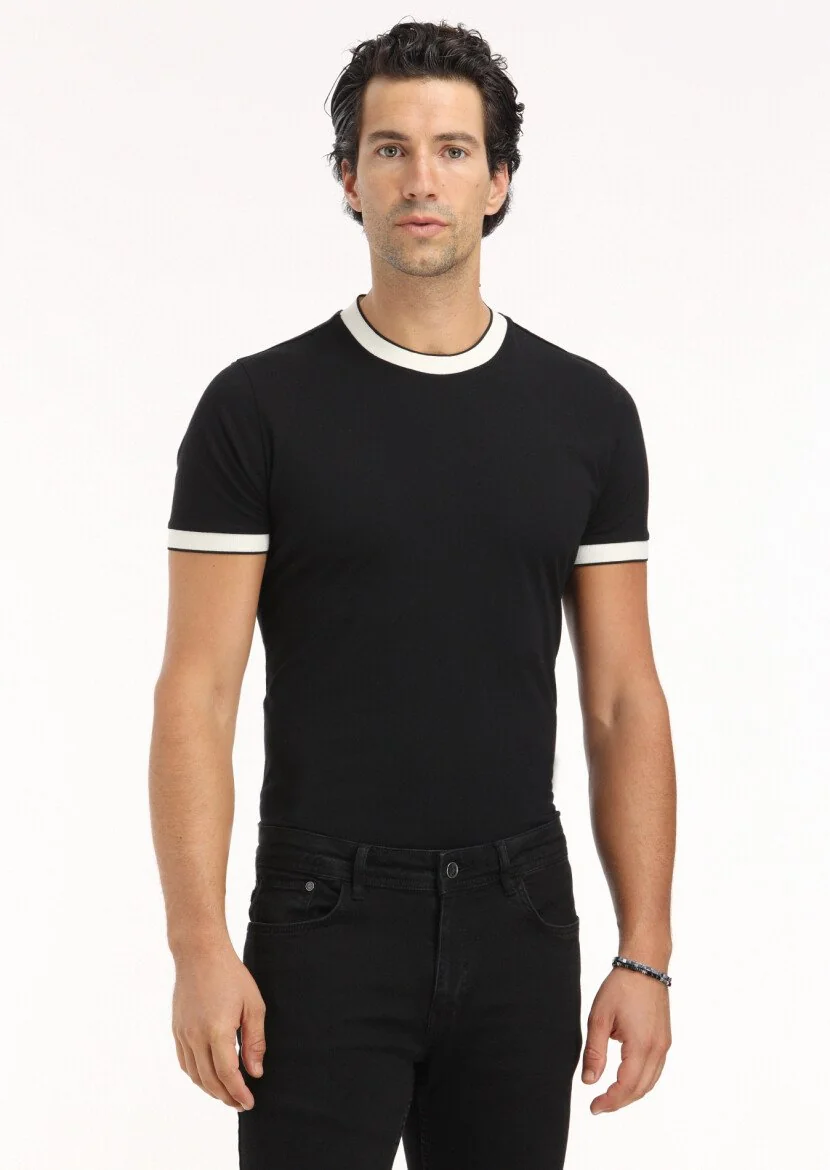 Siyah Düz Bisiklet Yaka %100 Pamuk T-Shirt - 3