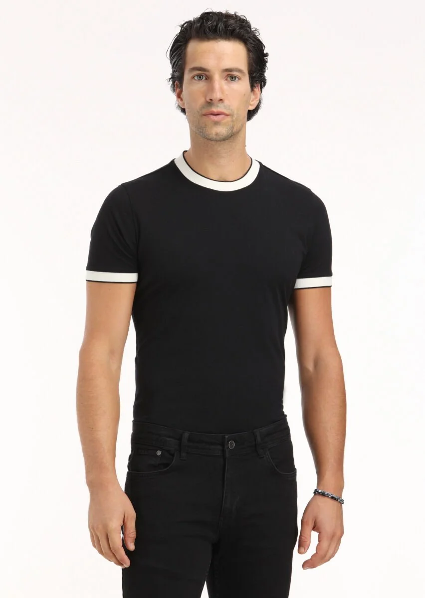Siyah Düz Bisiklet Yaka %100 Pamuk T-Shirt - 3