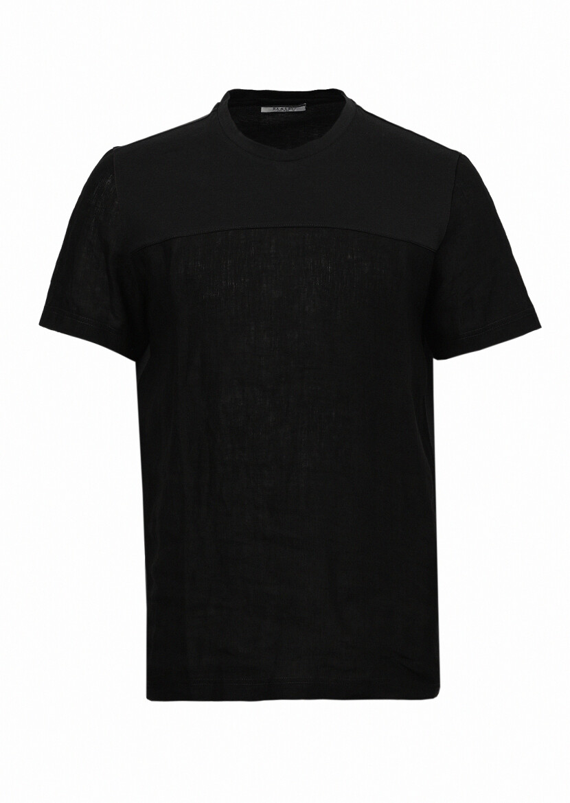 Siyah Düz Bisiklet Yaka %100 Pamuk T-Shirt - RAMSEY