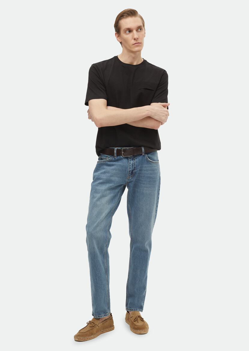 Siyah Düz Bisiklet Yaka %100 Pamuk T-Shirt 