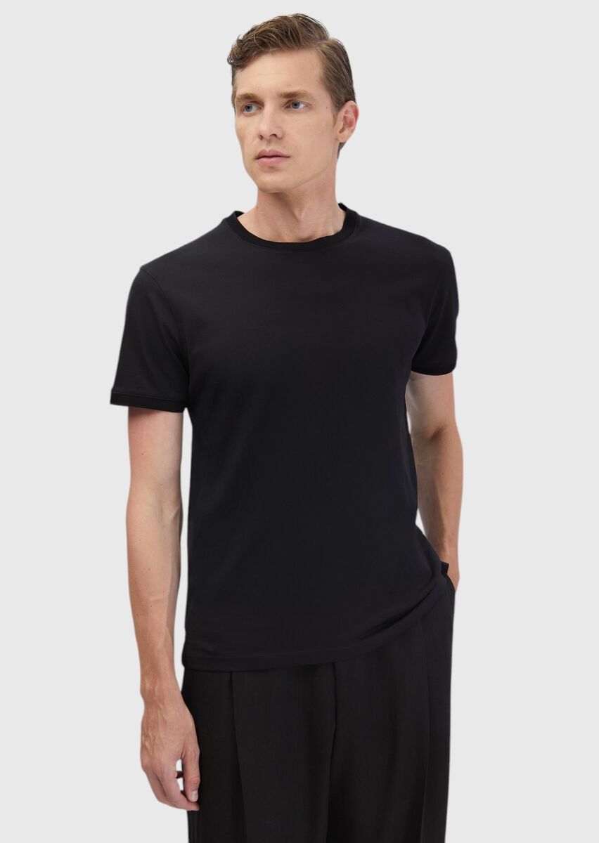 Siyah Düz Bisiklet Yaka %100 Pamuk T-Shirt - 2