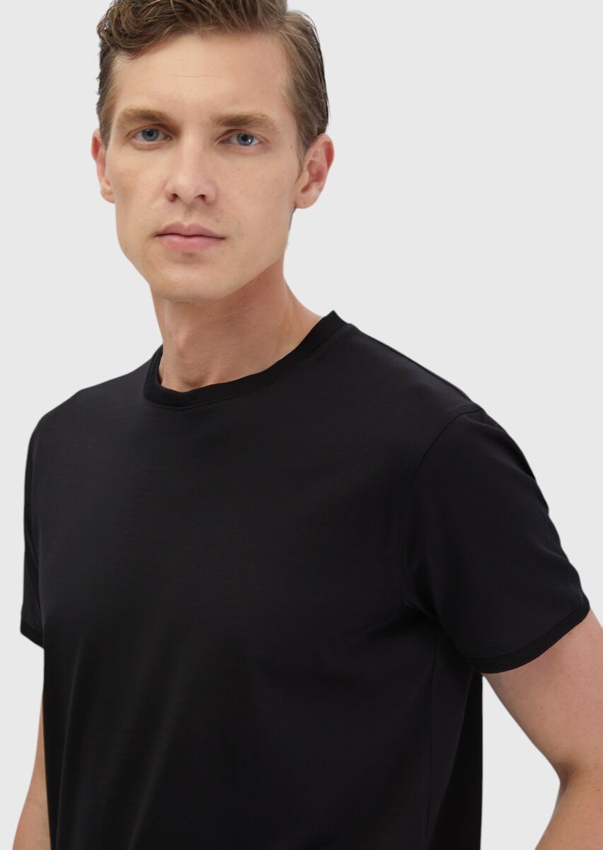 Siyah Düz Bisiklet Yaka %100 Pamuk T-Shirt - 3