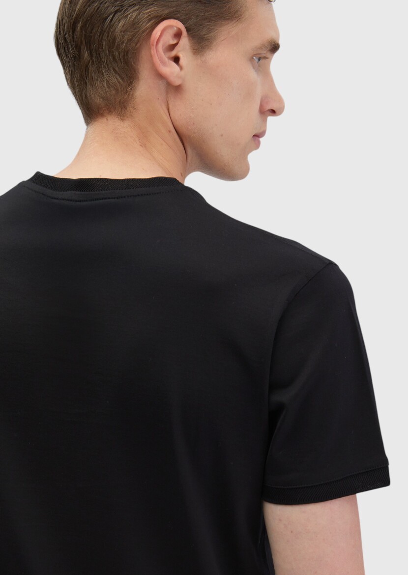 Siyah Düz Bisiklet Yaka %100 Pamuk T-Shirt - 4