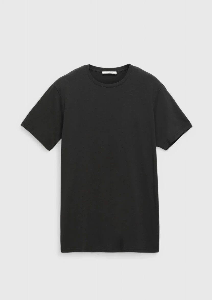 Siyah Düz Bisiklet Yaka Pamuk Karışımlı T-Shirt - 6
