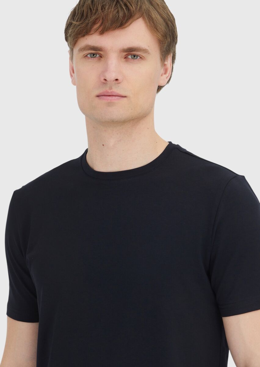 Siyah Düz Bisiklet Yaka Pamuk Karışımlı T-Shirt - 3