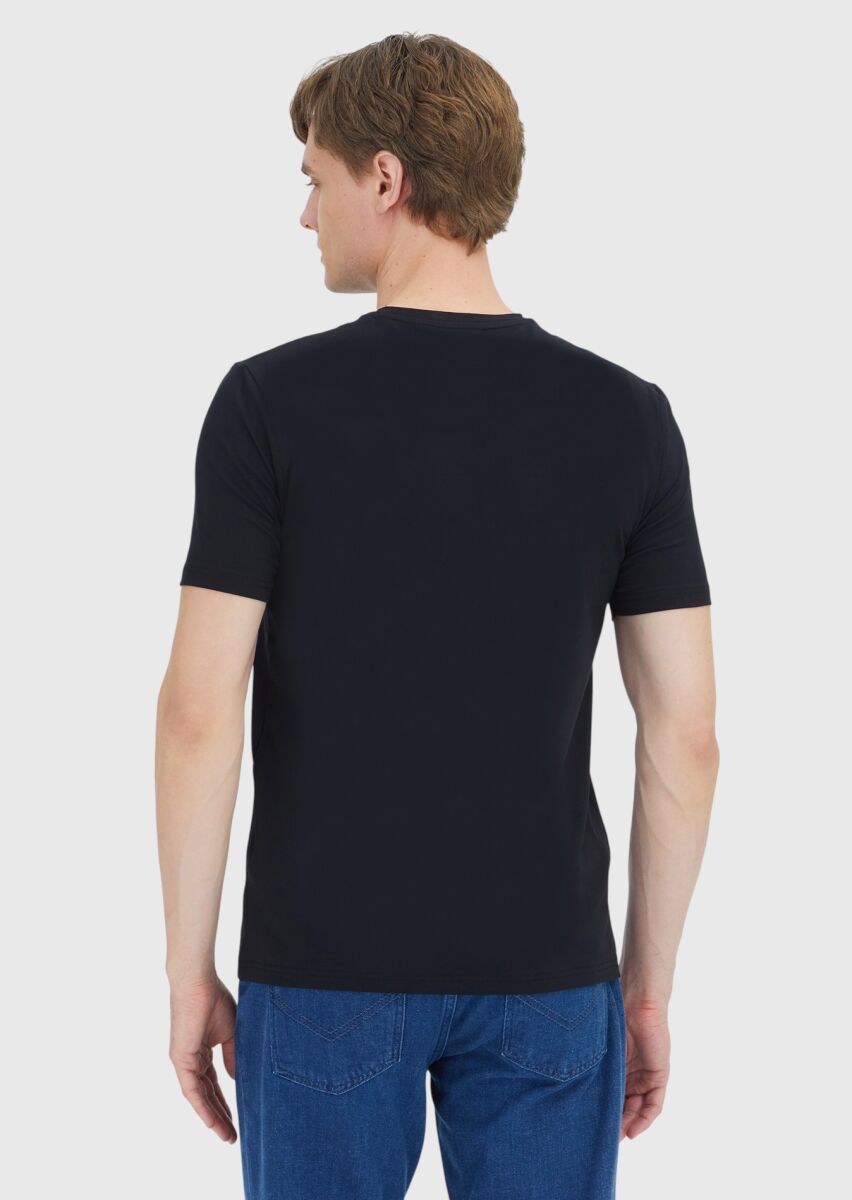 Siyah Düz Bisiklet Yaka Pamuk Karışımlı T-Shirt - 5