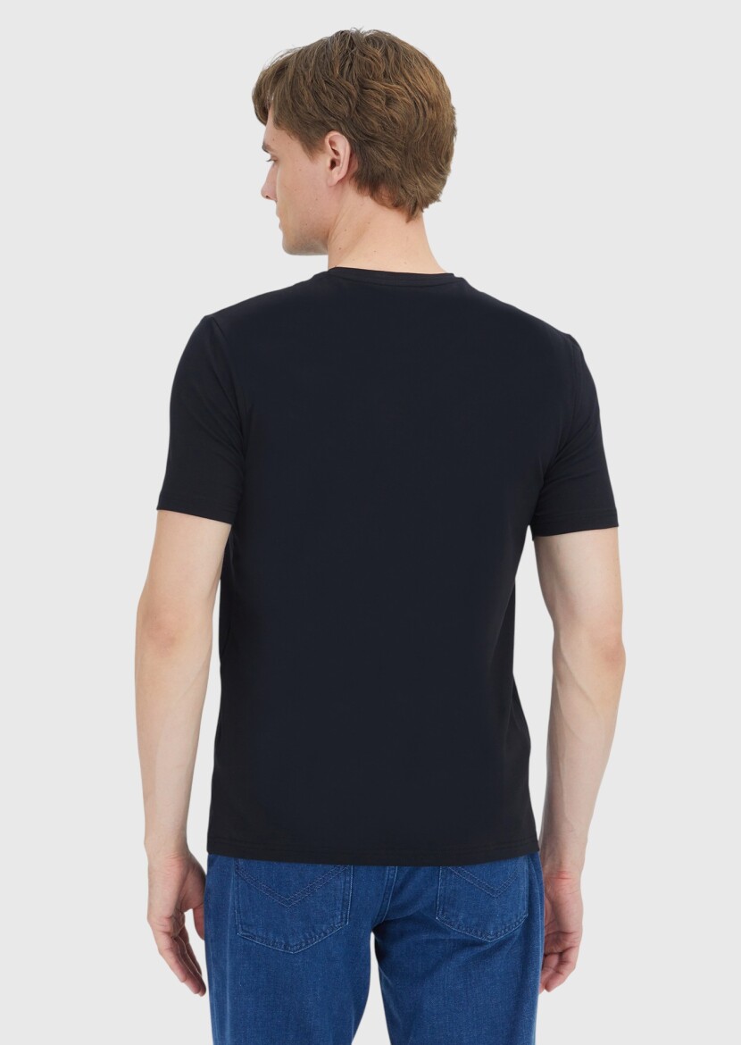 Siyah Düz Bisiklet Yaka Pamuk Karışımlı T-Shirt - 5