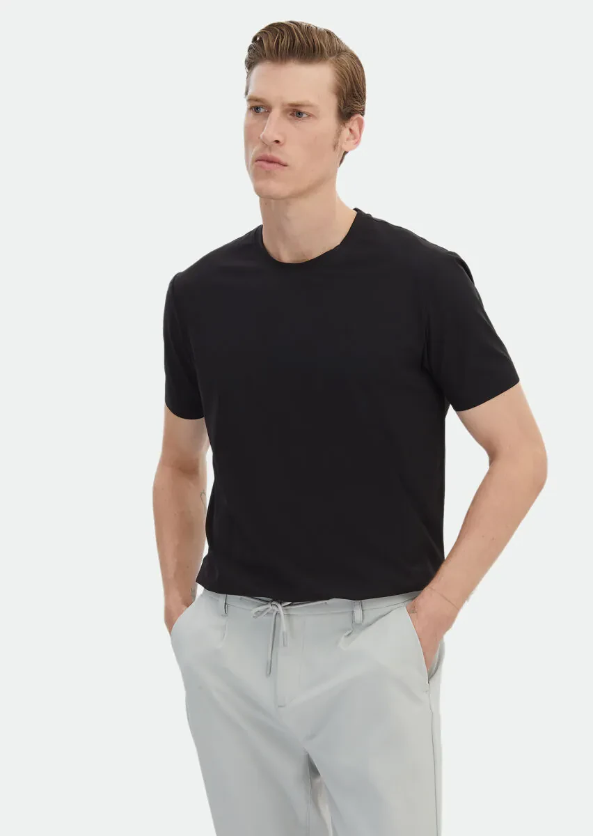 Siyah Düz Bisiklet Yaka T-Shirt - 1