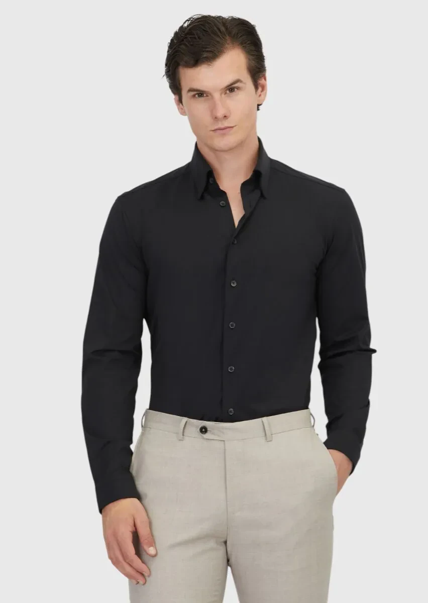 Siyah Düz Casual Fit Casual Pamuk Karışımlı Gömlek - 1