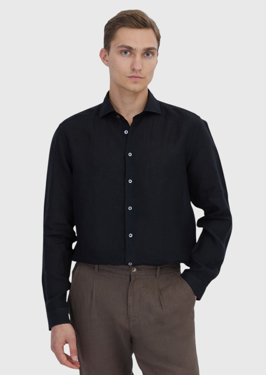Siyah Düz Casual Fit Dokuma Casual %100 Keten Gömlek - 1