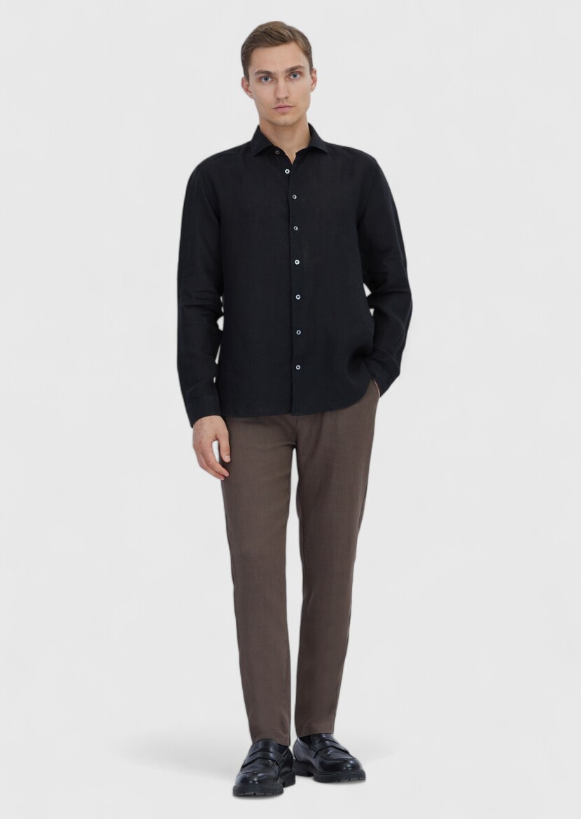 Siyah Düz Casual Fit Dokuma Casual %100 Keten Gömlek 