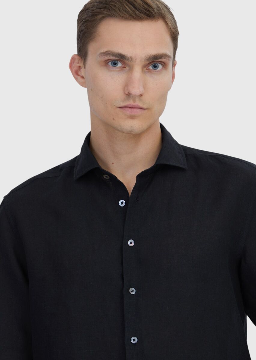 Siyah Düz Casual Fit Dokuma Casual %100 Keten Gömlek - 3