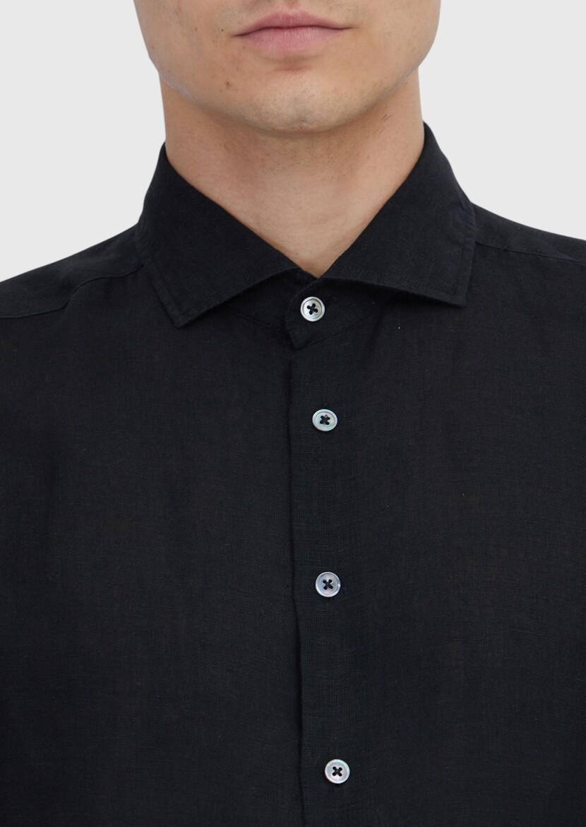 Siyah Düz Casual Fit Dokuma Casual %100 Keten Gömlek - 4