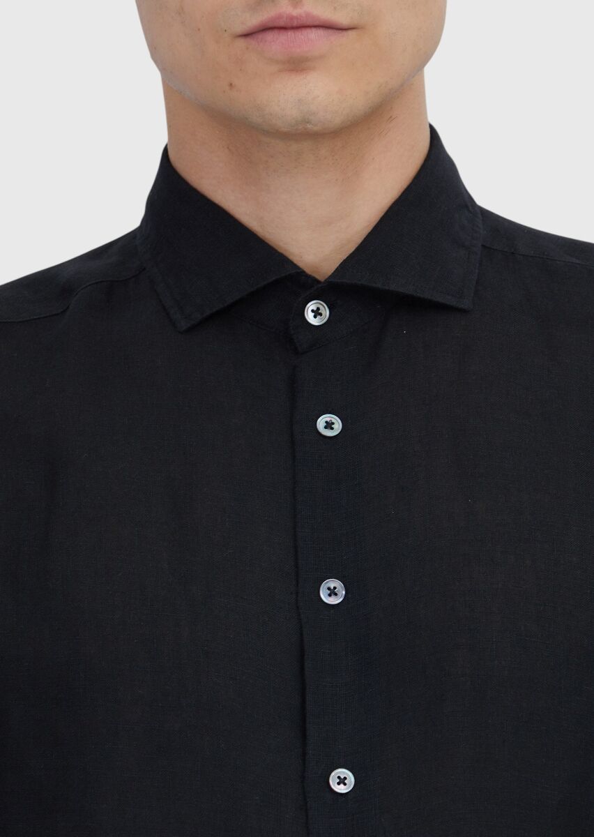 Siyah Düz Casual Fit Dokuma Casual %100 Keten Gömlek - 4