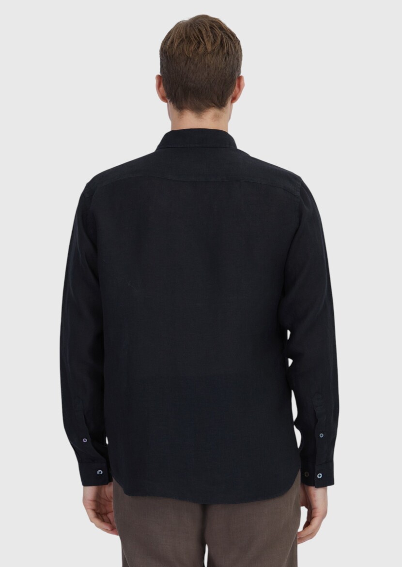 Siyah Düz Casual Fit Dokuma Casual %100 Keten Gömlek - 5